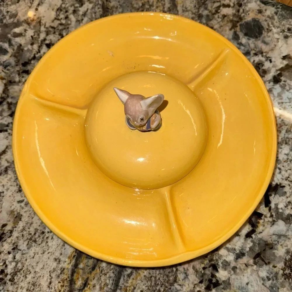 Homemade 1966 vintage ceramic cheese server with mouse topper lid